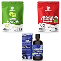 Superfood Trio: 3.5oz Kiwi Fruit & 5oz Organic Raspberry Powders + 3.40z Bilberry Liquid - Enhance Smoothies, Baking, & Eye Health with Freeze-Dried Fruits & Antioxidant Supplements