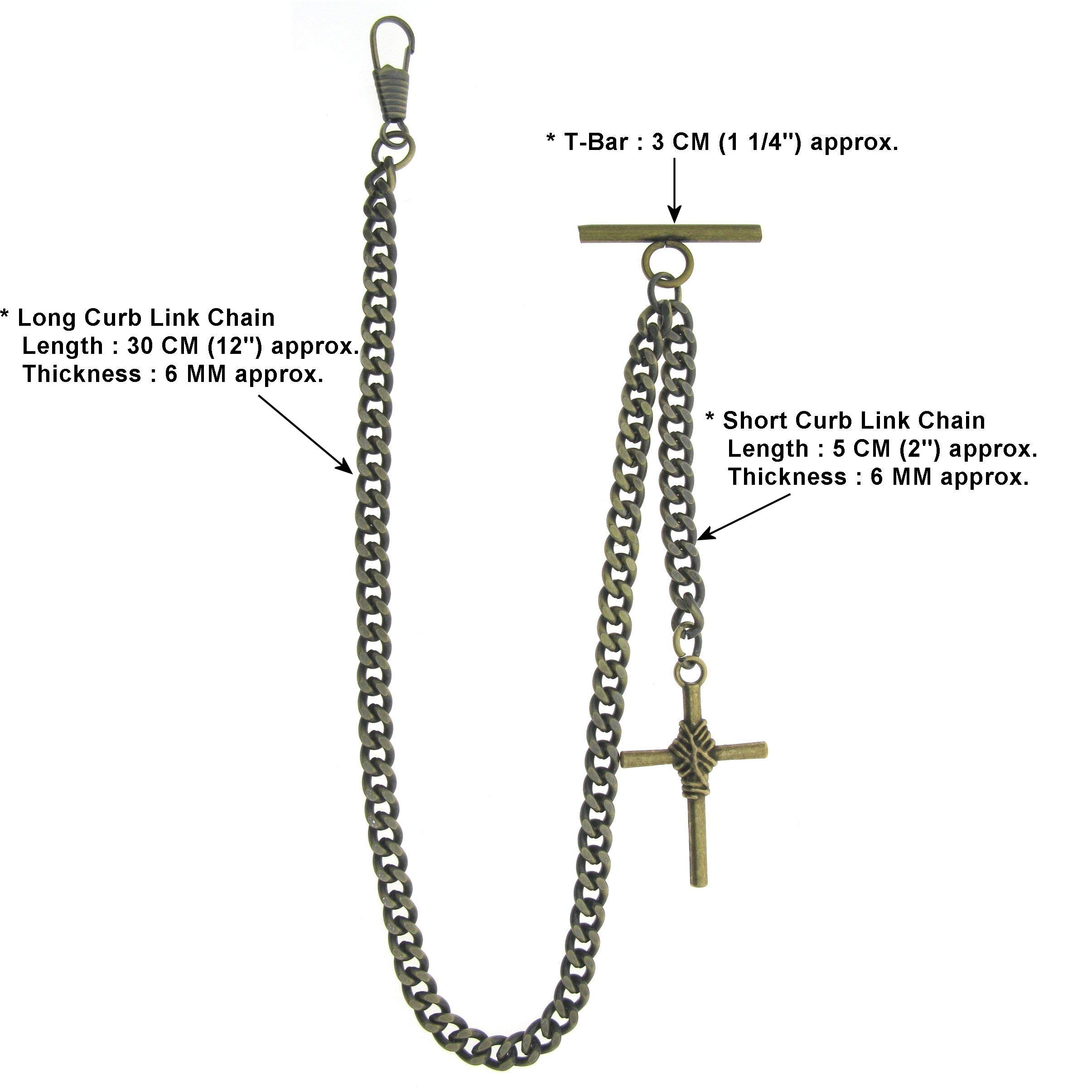 Albert Chain Pocket Watch Chains for Men Antique Brass Color Religious Cross Pattern Fob T Bar AC82