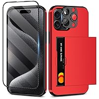 SAMONPOW 4-in-1 for iPhone 15 Pro Max Case with Screen Protector & Camera Cover Full Body Hybrid iPhone 15 Pro Max Case Wallet Card Holder Shockproof Protective Phone Case for iPhone 15 Pro Max (Red)