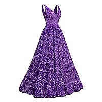 Sparkly Sequin Prom Dresses Long 2024 V Neck A Line Formal Evening Dresses Ball Gowns for Women with Pockets