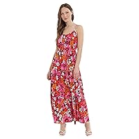 Donna Morgan Women's Floral Printed Spaghetti Strap Tiered Maxi Dress with Tie at Waist, Deep Orchid