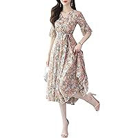 Women's V-Neck Puff Sleeves Ruffle Floral Print Casual Boho Swing Pleated Vintage Midi Tea Dress