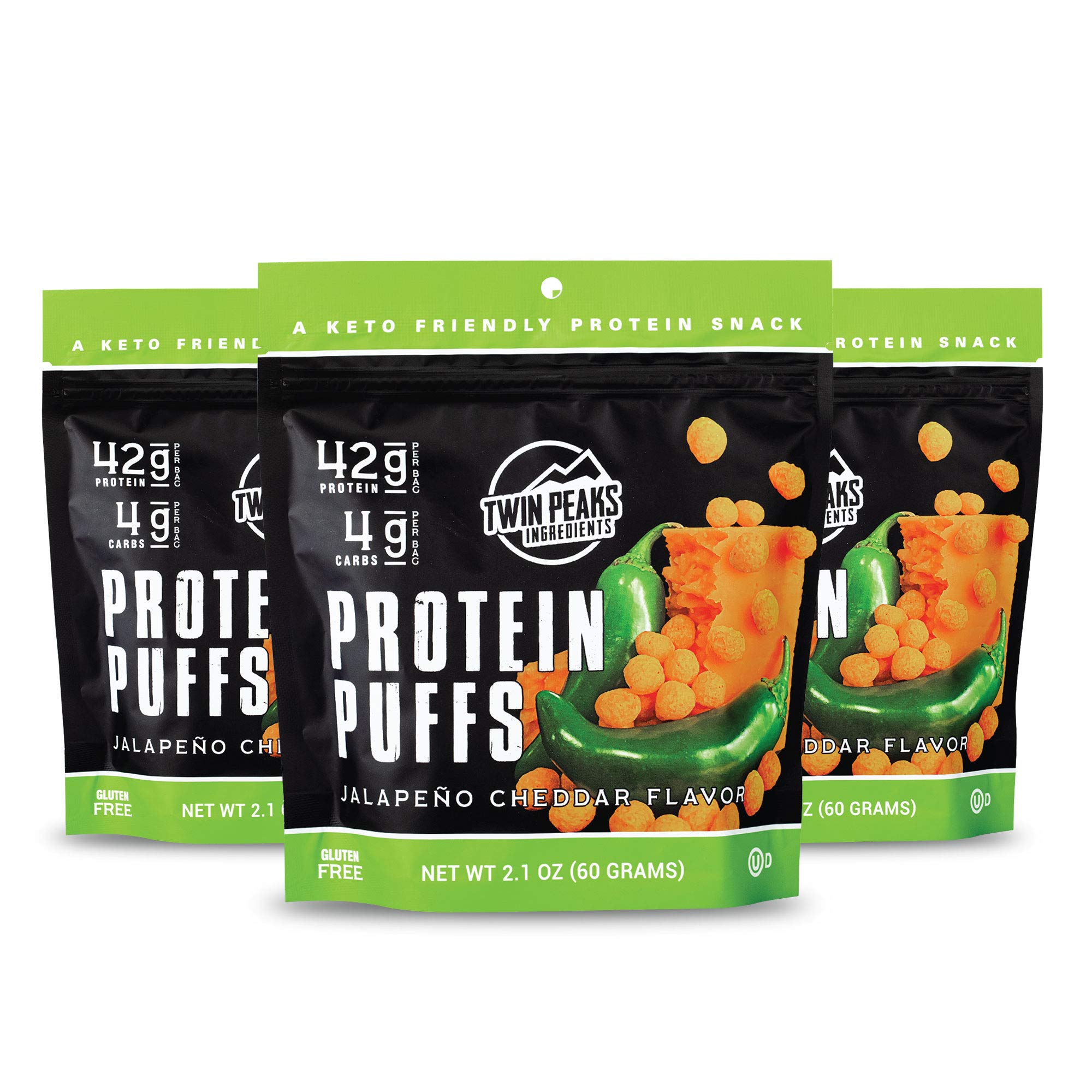 Twin Peaks Low Carb, Keto Friendly Protein Puffs, 3 Bags of Jalapeno Cheddar Flavor Puffs + 1 Jug Nacho Cheese Flavor Puffs