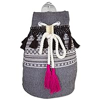 NOVICA Handmade Cotton Backpack Striped Drawstring Mexico Handbags Grey Sharkskin Backpacks Woven 'Day Trip Fringe'