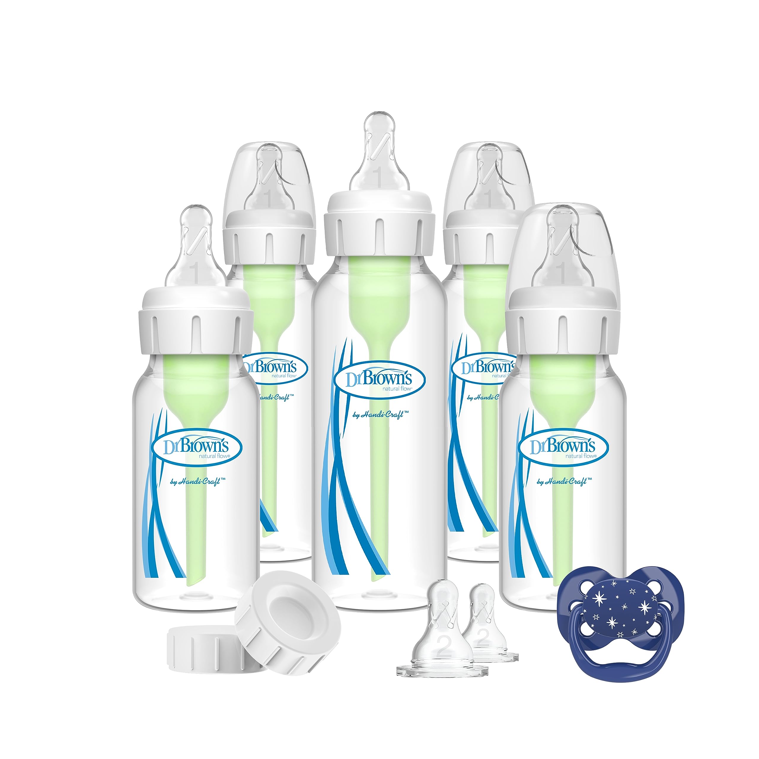 Dr. Brown’s Natural Flow Anti-Colic Options+ Narrow Baby Bottle Gift Set with Advantage Pacifier, and Bottle Travel Caps