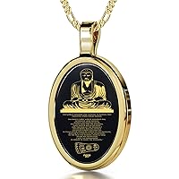 Buddha Necklace Inscribed with Lotus Sutra and Footstep in 24k Gold on Onyx Pendant, 18