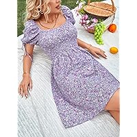 Dresses for Women - Ditsy Floral Print Knot Cuff Puff Sleeve Dress (Color : Lilac Purple, Size : Small)