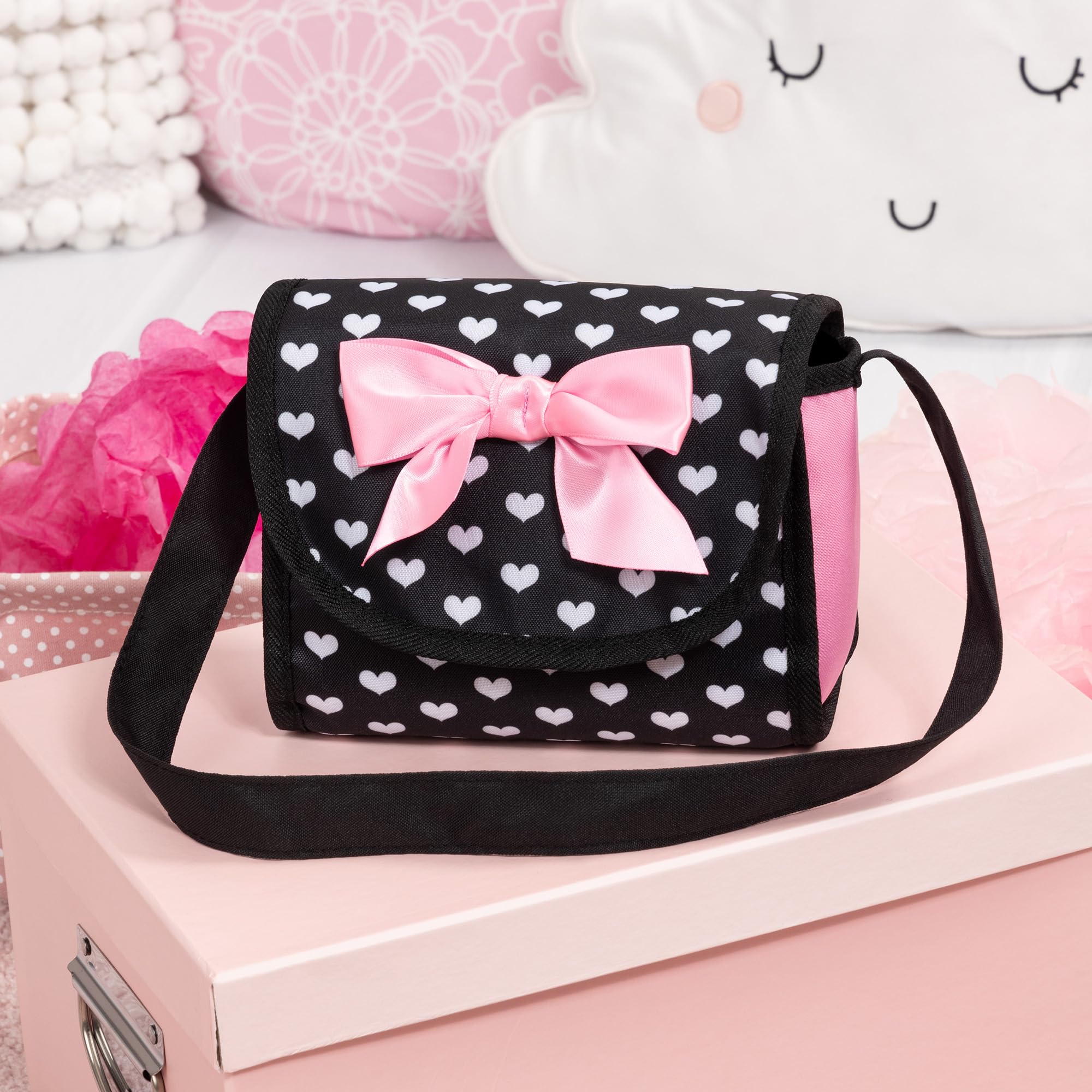 Bayer Design Dolls: Trendy Pram - Hearts Black & Pink - Includes Matching Shoulder Bag, for Dolls Up to 18
