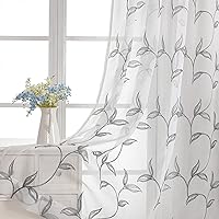 VISIONTEX Sheer Curtains 95 Inch Length 2 Panels, Decor Iron Grey Vine Leaves Embroidery on White Voile Pair, Accent Semi Window Drapes for Kitchen, Living Room and Bedroom, 54
