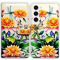 RFID Blocking Case for Samsung Galaxy S24 Plus,Dragonfly Yellow Flower Leather Flip Phone Case Wallet Cover with Card Slot Holder Kickstand for Samsung Galaxy S24 Plus/S24+