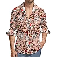 Merry Christmas Pug Dog Men's Shirt Loose Fit Long Sleeve Shirt Beach Button-Up Casual Shirts Wedding Shirt