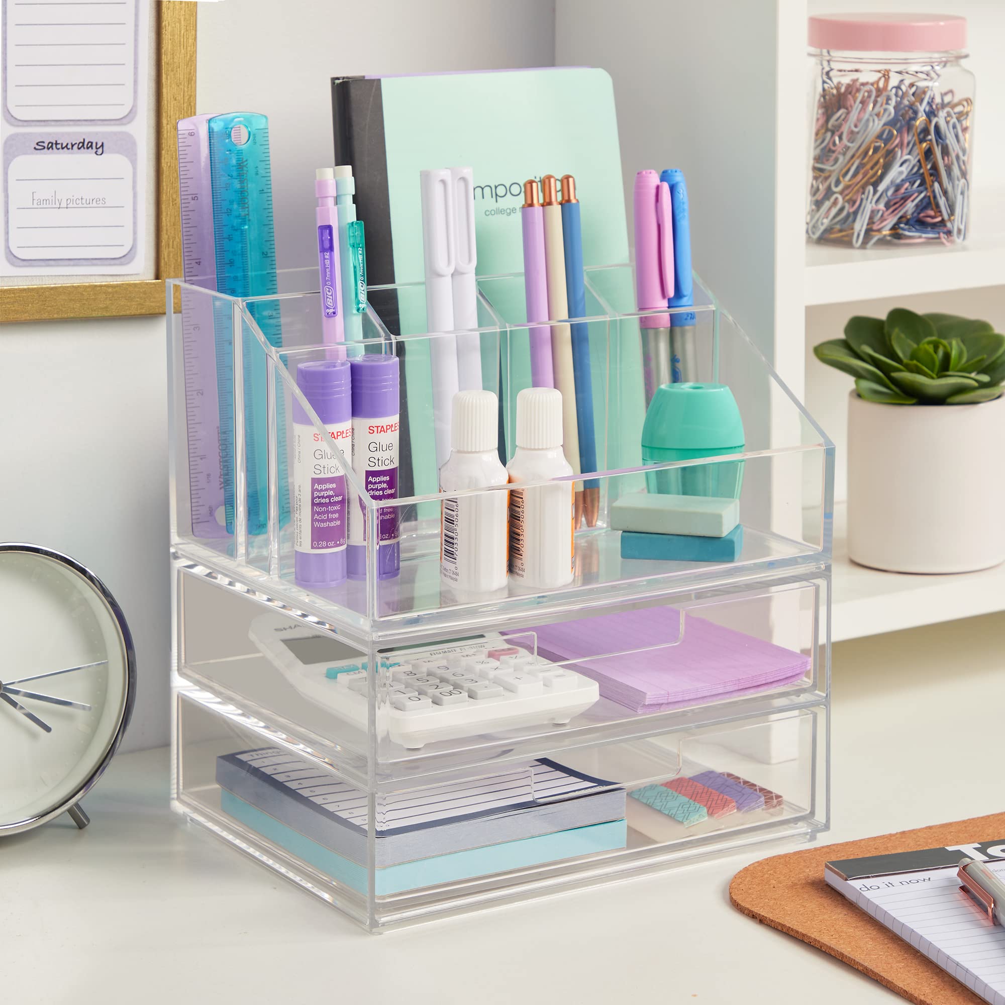 STORi Chloe Stackable Clear Makeup Holder and Double Organizer Drawer Set | Organize Cosmetics and Beauty Supplies | Made in USA