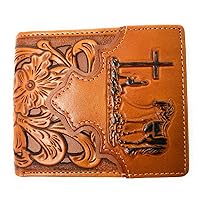 Western Men's Genuine Leather Floral Tooled Laser Cut Praying Cowboy Wallet in 9 colors (Brown)