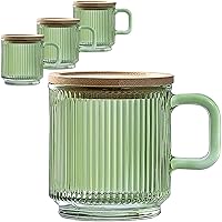 Lysenn Glass Coffee Mugs Set of 4 - Premium Classical Vertical Stripes Glass Cups with Lid - for Latte, Tea, Chocolate, Juice, Water - Lead-Free - Bamboo Lid – Lime Green