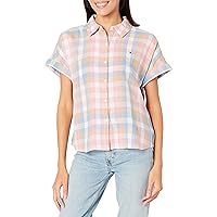 Tommy Hilfiger Women's Camp Shirt Short Sleeve Linen Blend Woven Shirt