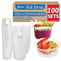 Reli. Deli Containers with Lids (100 Sets Total) | Variety Pack - 8 oz (50 Sets), 16 oz (50 Sets)| Plastic Soup Containers with Lids | Clear Food Storage Containers | Microwave & Freezer Safe 8oz 16oz