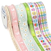 Ribbli 6 Rolls Easter Wrapping Ribbon Bunny Easter Eggs Flowers Plaid Ribbon Use for Gift Wrapping,Wreath,Easter Basket Decoration-3/8 5/8 1 Inch,Total 120 Feets (30 Yards)