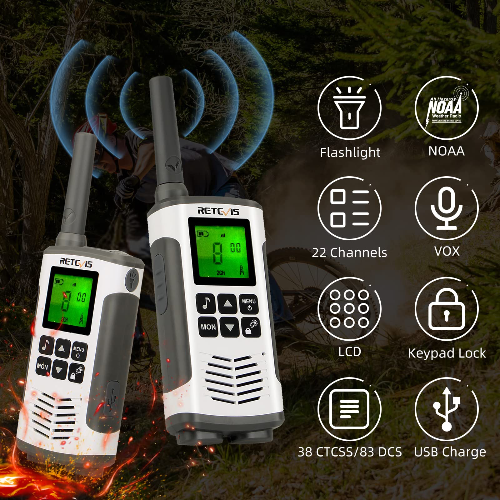 Retevis RT45 Rechargeable Walkie Talkies, Long Range Walkie Talkies for Adults, Portable FRS 2 Way Radio, NOAA Weather Alert, Two Way Radio 2 Pack for Camping Hiking