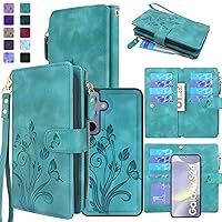 Lacass Case Wallet for Samsung Galaxy S24 6.2 inch 2024, [12 Card Slots] ID Credit Cash Holder Zipper Pocket Detachable Leather Wallet Cover with Wrist Strap Lanyard（Floral Blue Green）