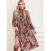 Dresses for Women - Paisley Print Lantern Sleeve Belted Dress (Color : Multicolor, Size : X-Large)