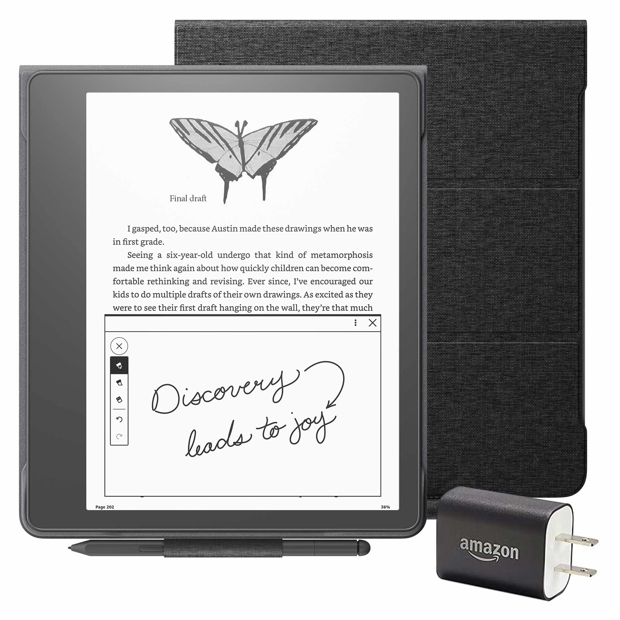 Kindle Scribe Essentials Bundle including Kindle Scribe (64 GB), Premium Pen, Fabric Folio Cover with Magnetic Attach - Black, and Power Adapter