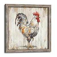 Farmhouse Wall Art Decor Kitchen: Rooster Framed Wood Picture Rustic Farm Animal Print Painting Vintage Chicken Country Artwork for Home Bathroom Living Room Decorations 12 x 12 Inches