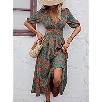 Womens Dress Dresses Allover Print Cut Out Waist Puff Sleeve Dress ENVEED (Color : Green, Size : X-Large)