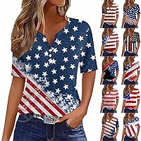 American Flag Button Tops for Women 2024 Summer Trendy Casual Independence Day Shirt V Neck Short Sleeve Blouses