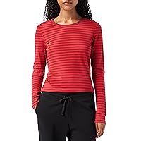 Amazon Essentials Women's Classic-Fit Long-Sleeve Crewneck T-Shirt Shirt, -Red Burgundy Stripe, Medium