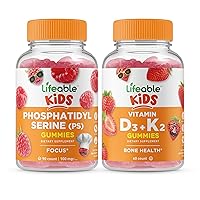 Phosphatidylserine (PS) Kids + Vitamin D3 + Vitamin K2 Kids, Gummies Bundle - Great Tasting, Vitamin Supplement, Gluten Free, GMO Free, Chewable Gummy