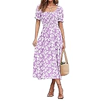 XIONGMEI Women Summer Casual Square Neck Short Sleeve Smocked Waist A-Line Midi Dresses Boho Floral Print Beach Dress