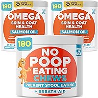 Omega 3 + No Poo Dogs Bundle - Skin&Coat + Coprophagia Treatment - EPA&DHA Fatty Acids + Probiotics & Digestive Enzymes - Heart, Hip& Joint Support + Boosts Gut Health - 480 Chews - Made in USA