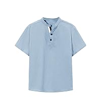Boy's Half Button Down Stand Collar Shirt Casual Loose Fit Short Sleeve Summer Tops Comfy Tees