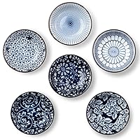 Dipping Bowls, Soy Sauce Dish Ceramic, 3 OZ Small Serving Bowls for Side Dishes Vintage Blue Stylish Design, Set of 6 Mini Appetizer Plates for Condiment Sushi Ketchup BBQ Party, 4 Inch