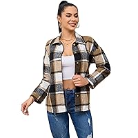 Flygo Womens Fall Plaid Flannel Shirt Shacket Jacket Color Block Button Down Shirts Tops(Coffee-L)
