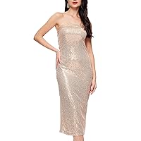 Women Sequin Midi Dress Sparkly Long Dress Strapless Tube Sexy Elegant Gowns for Party Night Evening