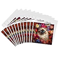 3dRose Greeting Cards - Ragdoll cat with floral background - 12 Pack - CR Media - Illustrations