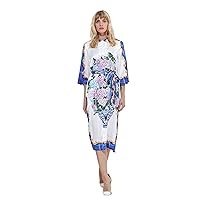 White Blue Porcelain Hydrangea Printed Silk Kimono Shift Dresses with Belt