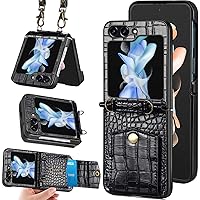 NINKI Compatible Samsung Galaxy Z Flip 5 Case Wallet with Card Holder,Shockproof PU Leather with Anti-Lost Detachable Crossbody Lanyard Case for Samsung Z Flip 5 Wallet Case,Galaxy Flip 5 Case Black