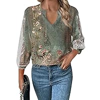 Tshirts Shirts for Women, Top for Women Summer Casual Deep Veck Tee 3/4 Length Sleeve Print Relaxed Fit Blouse Shirt