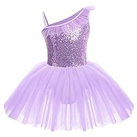 IDOPIP Girls Sequins Ruffle One Shoulder Ballet Dance Dress Tutu Skirted Leotard Ballerina Dancewear Costume for Toddler Kids