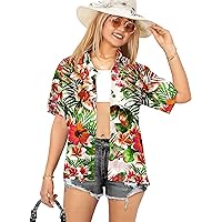LA LEELA Hawaiian Shirts Womens Casual Summer Beach Party Blouse Shirt Colorful Blouses Short Sleeve Vacation Tops Button Up Dress Shirts for Women XL Tropical Floral, Autumn Beige