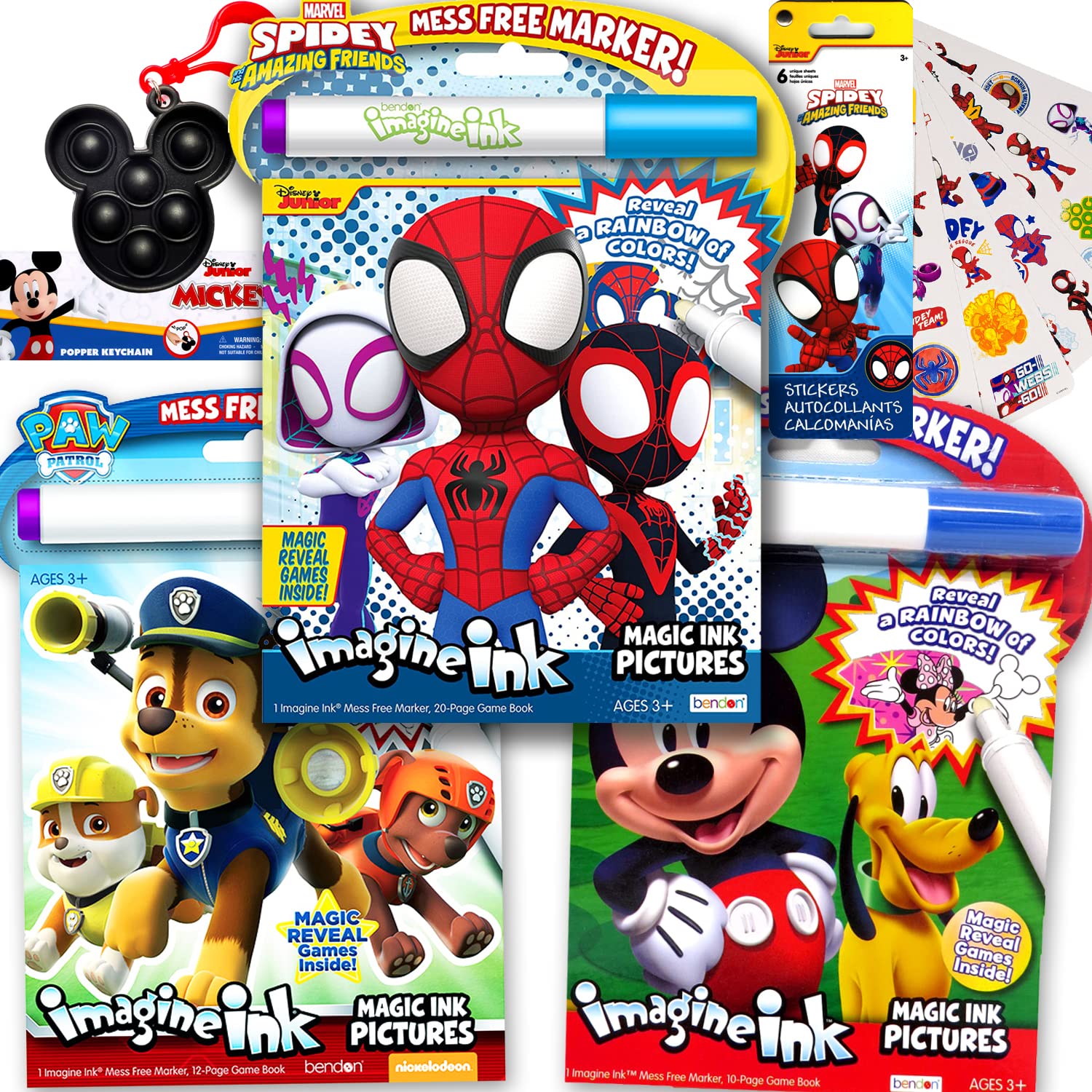 Bundle of 3 Imagine Ink Magic Pictures Coloring Activity Books Set for Boys, Kids, Toddlers - Spidey Amazing Friends, Paw Patrol, and Disney Mickey Mouse