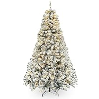 6.5ft Pre-Lit Snow Flocked Artificial Holiday Christmas Pine Tree with ELD Lights and Metal Base Stand for Home, Office, Party Decoration,White
