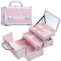 FRENESSA Jewelry Box Makeup Travel Case Storage Jewelry Organizer Case Lockable with Keys and Mirror for Cosmetic Makeup Brushes Toiletry Jewelry Nail Polish Vintage for Women and Girl - Shiny Pink