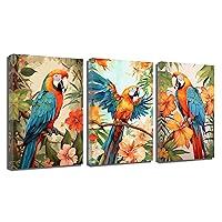QIXIANG Colorful Parrot Canvas Wall Art 3 Piece Animal Bird on Branch Hibiscus Flowers Painting Prints for Living Room Bedroom Framed (Colorful Parrot,24.00