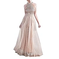 Azuki Women's Halter Neck Sleeveless Flowy Chiffon Evening Maxi Dress Solid Colors Sequin Mesh Bridesmaid Party Gown