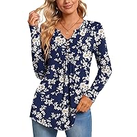 CATHY Womens Long Sleeve Tunic Tops Henley Shirt V-neck Button Down Blouse Casual Pleated Basic Pullover