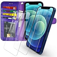 Arae for iPhone 12 Case and iPhone 12 Pro case Premium PU Leather Flip Cover Wallet Case (Purple) with 3 Pack Ultra-Thin HD Tempered Glass Screen Protectors, 6.1 inch