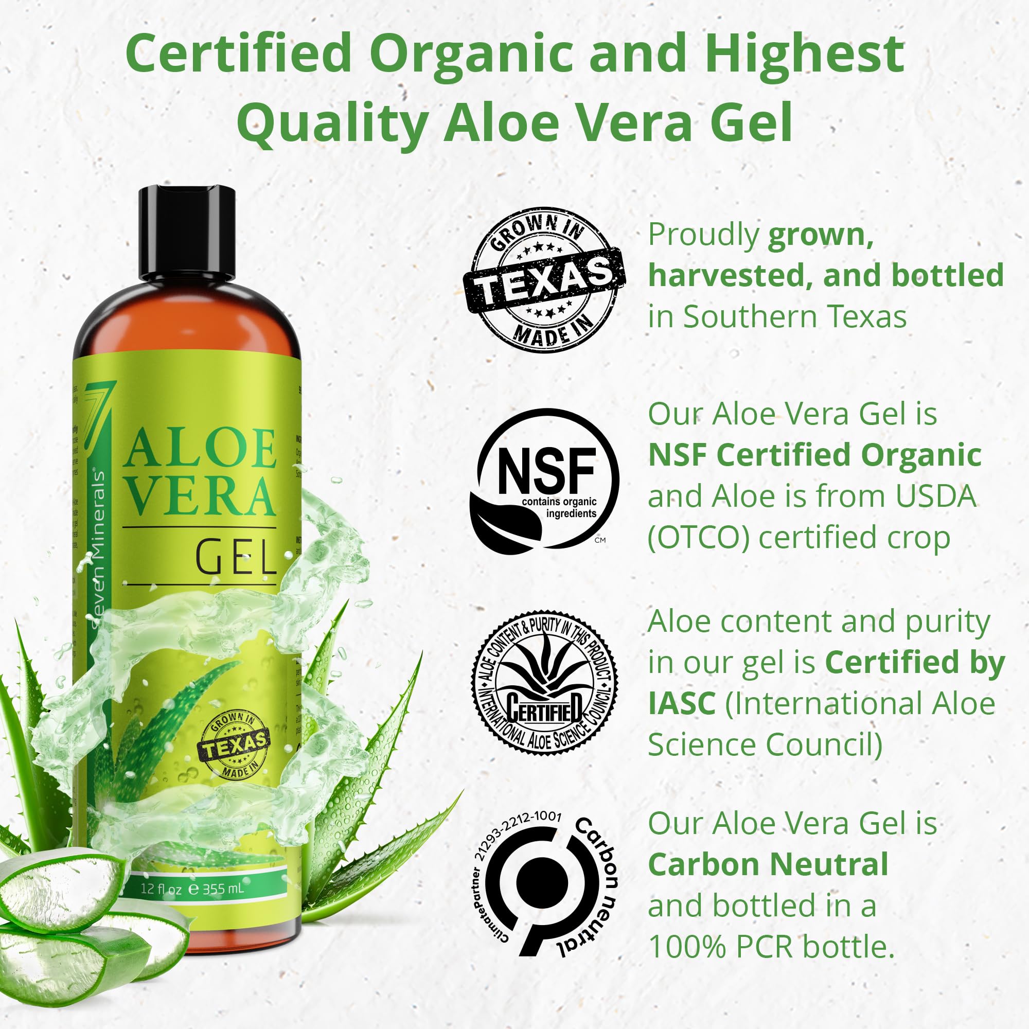 Seven Minerals Organic Aloe Vera Gel from freshly cut 100% Pure Aloe - Big 12oz - HighestQuality, Texas grown, Vegan, Unscented - For Face, Skin, Hair, Sunburn relief